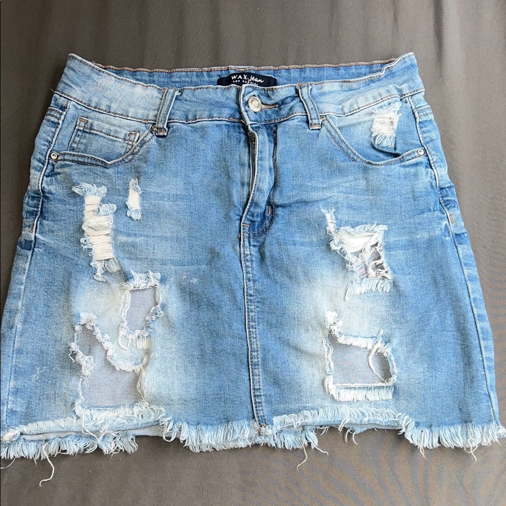 Wax Jean Distressed Denim Mini Skirt